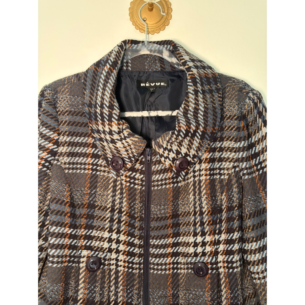 Revue Womens Plaid Cropped Jacket Grey Blue Orange Zip Front Portrait Collar L